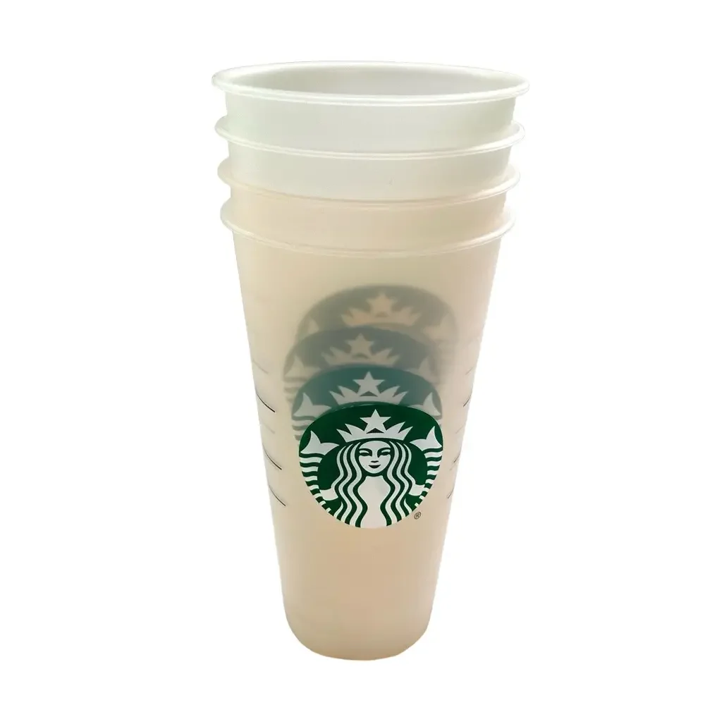 Set 4-2020 Starbucks Clear Green Plastic Reusable Cold Venti 24 Oz Cups & Lids